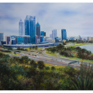A painting of a modern city skyline with skyscrapers, greenery in the foreground, and a highway curving towards the water. By Lesley Anne Derks
